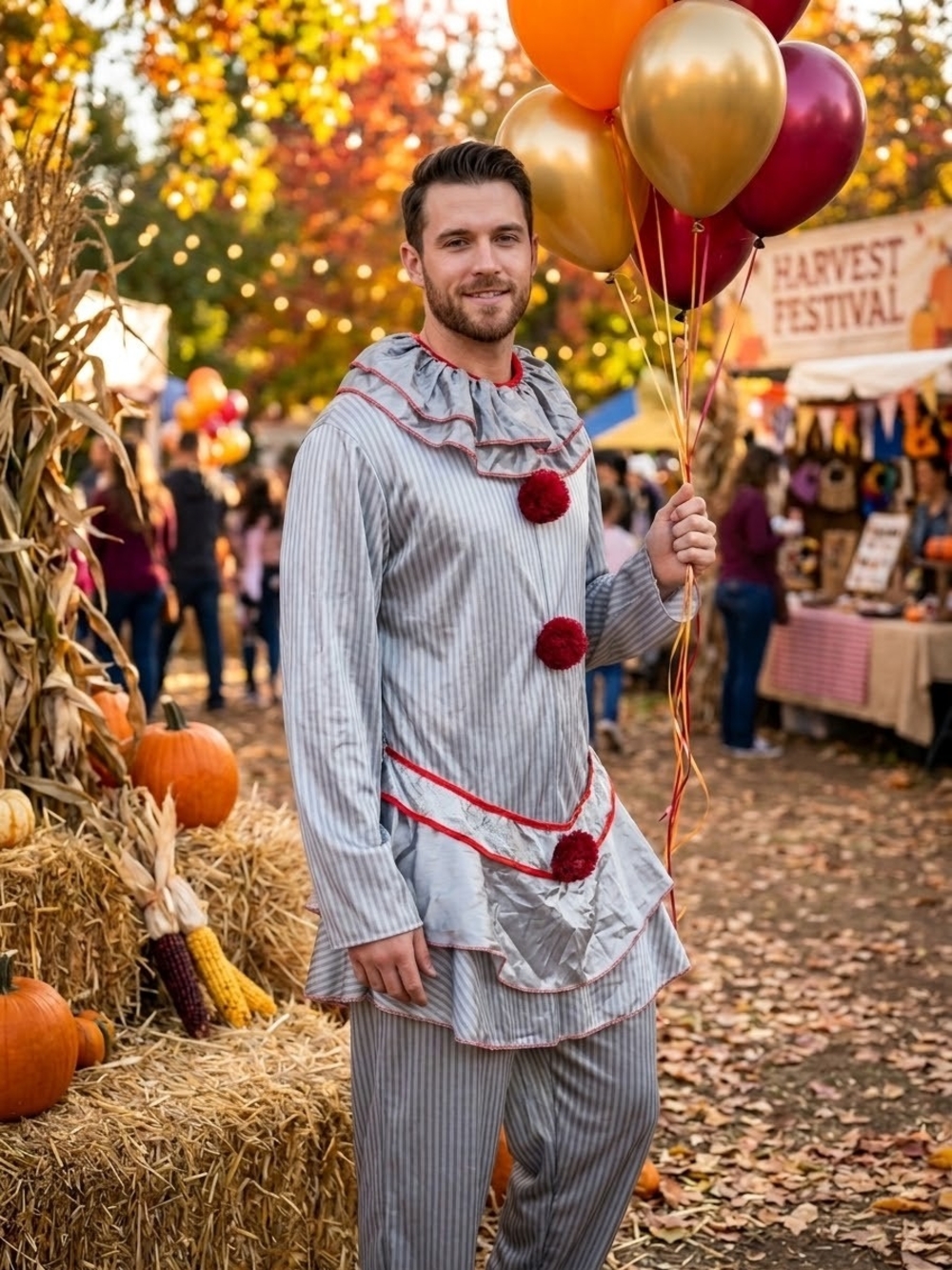 Men's Grey Striped Clown Costume with Red Pom-Pom Accents